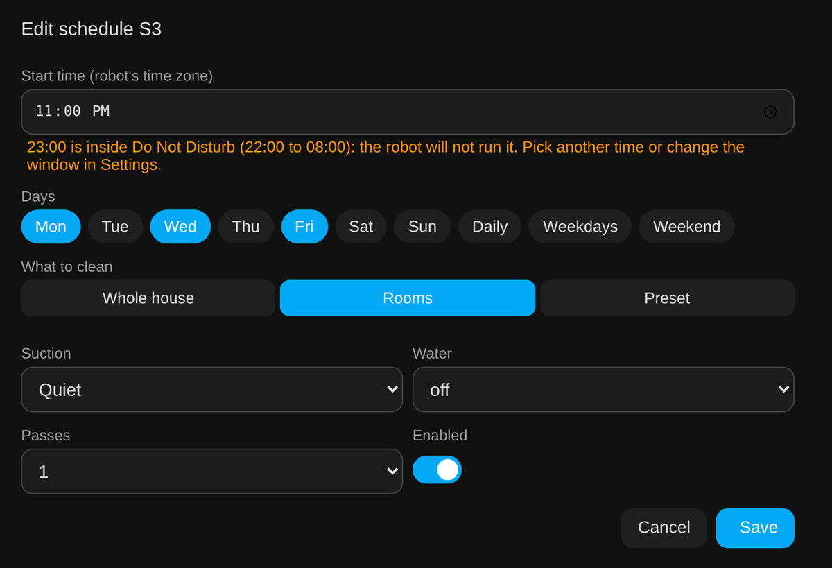 Schedule editor warning about Do Not Disturb