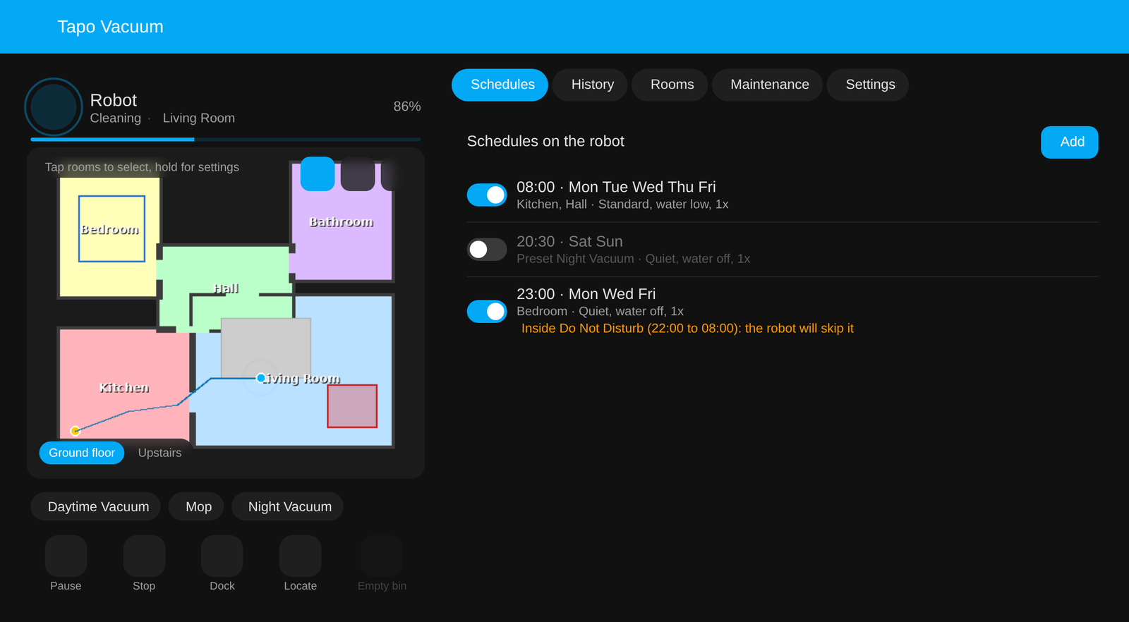 The Tapo Vacuum sidebar page